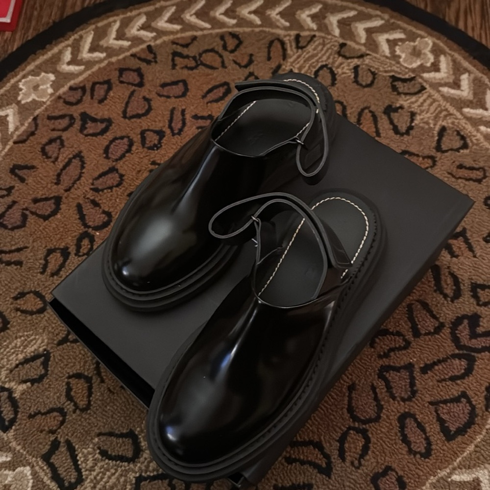 THE-ANTIPODE Black Patent Mules with Velcro strap